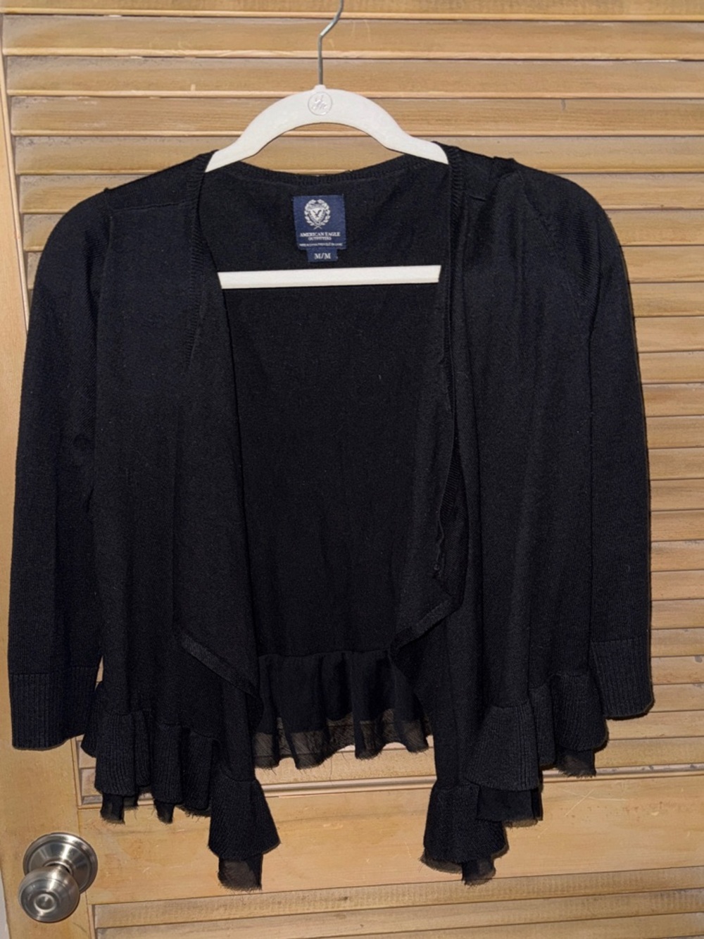 American Eagle Outfitters Black Ruffle-Hem Open shrug Cardigan